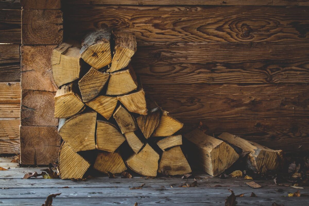 Stacked firewood against a rustic wooden cabin wall, showcasing natural textures.